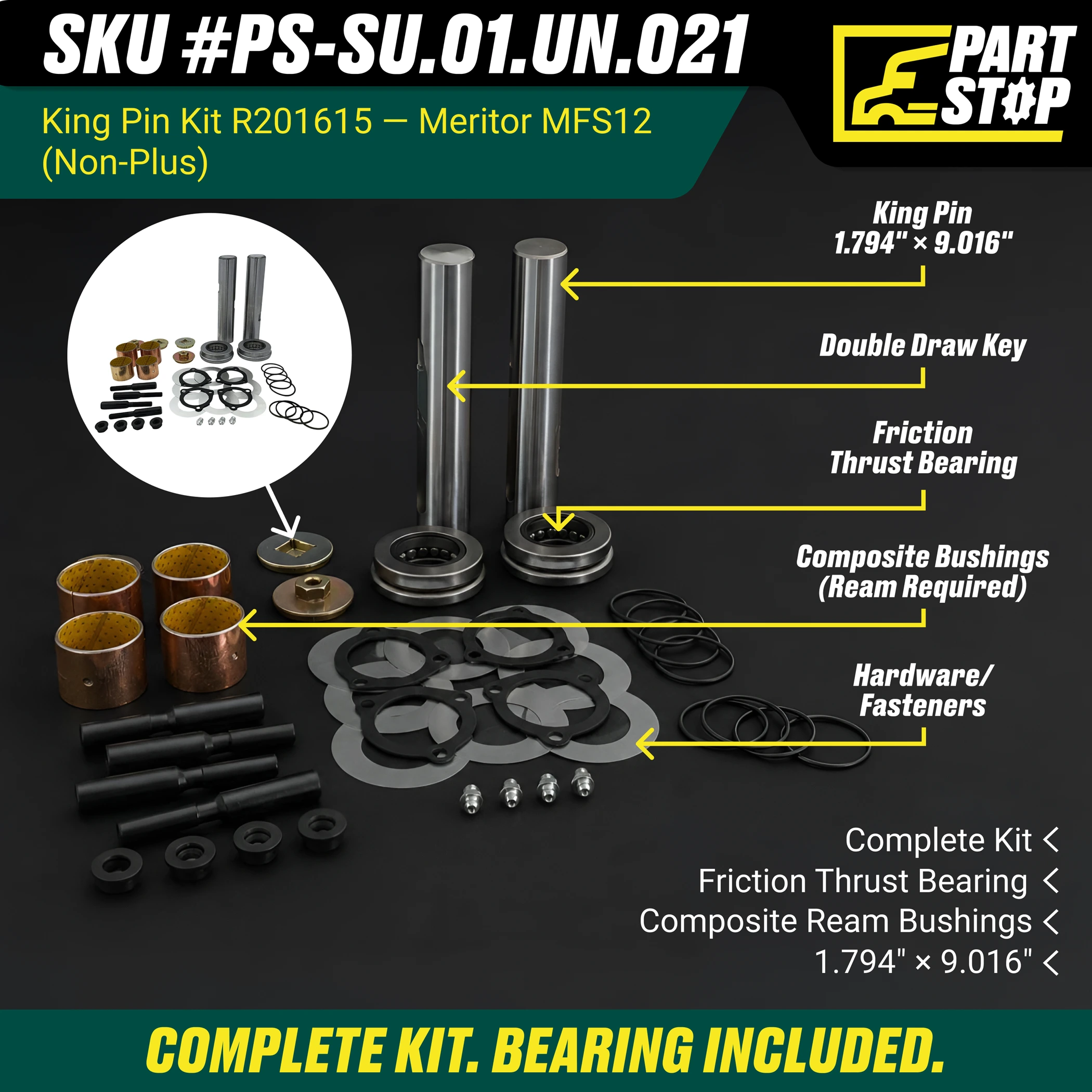 R201615 King Pin Kit for Meritor MFS12 Front Steering Axles Double Draw Key MFS1 — infographic