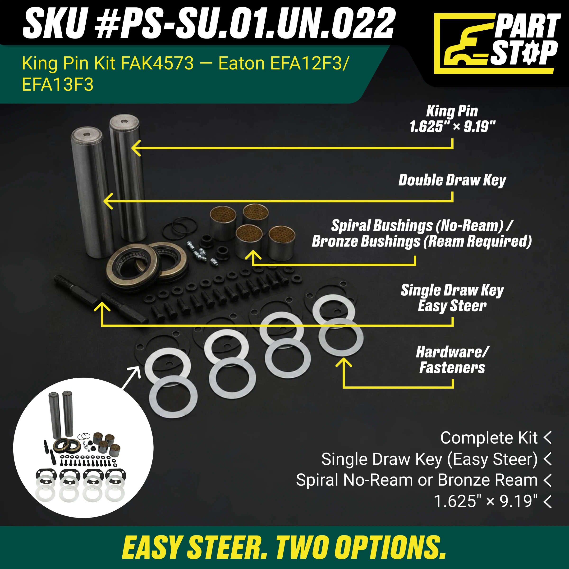 King Pin Kit for Eaton EFA12F3 EFA13F3 Front Axles HKP2335 , 262-1586,K121E — infographic