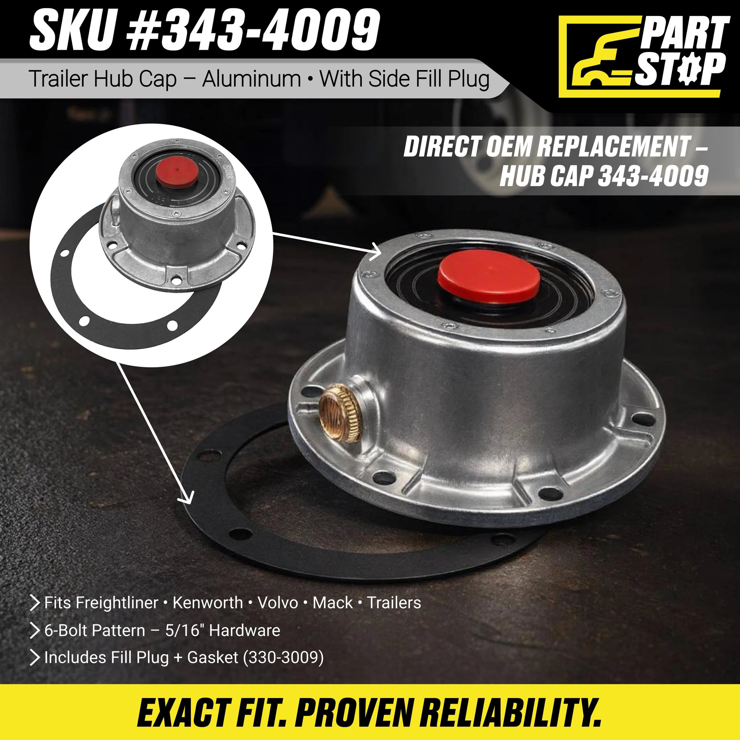 343-4009 Trailer Axle Hub Cap Fits Semi truck  3434009 , 921010009, A13262C133 — infographic