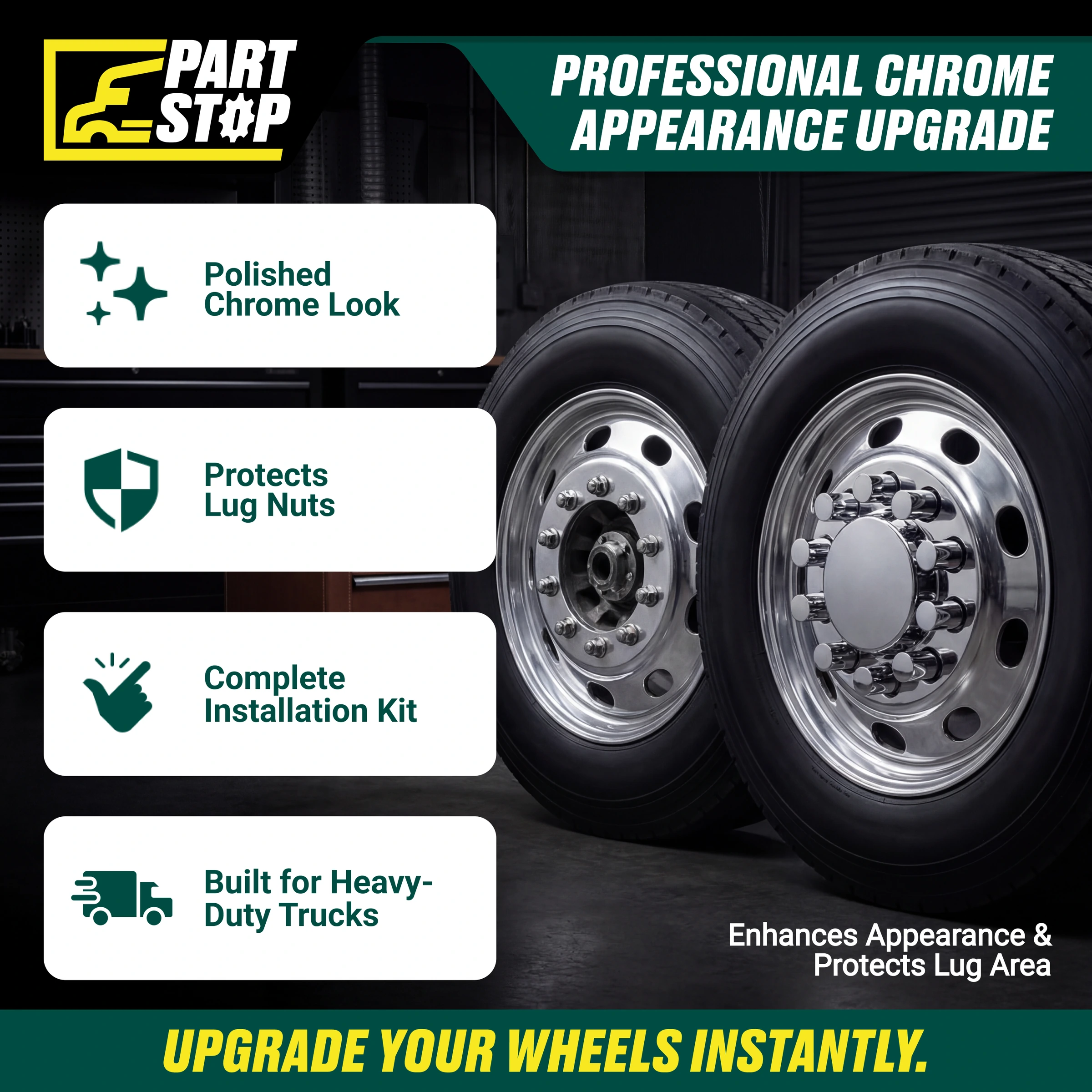 4 units x Chrome Axle Hub Cover Kit 10 Hole 33mm Thread On Nut Covers Fits 20 22 — infographic