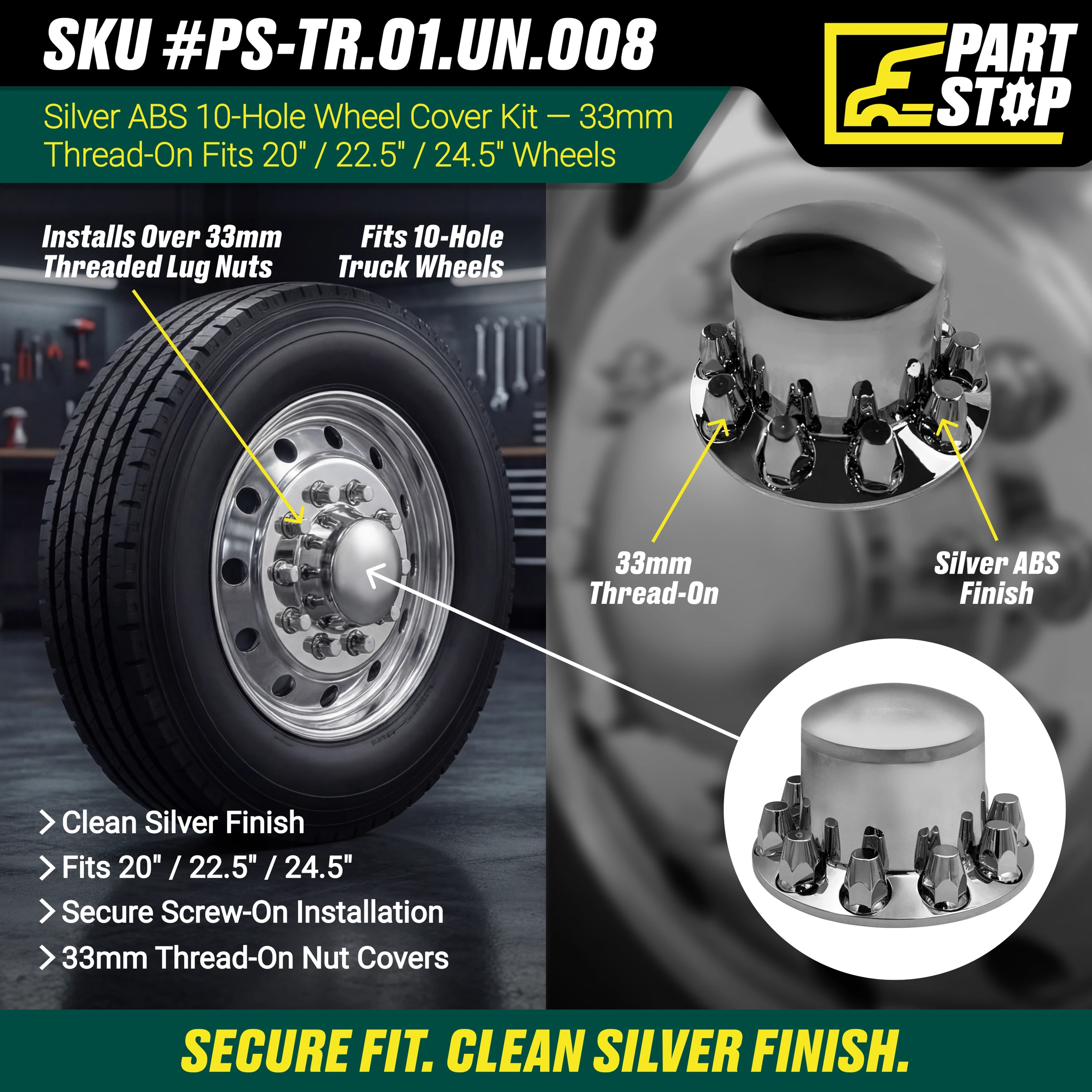 Axle Hub Cover Kit 4 units Semi ABS 10 Hole hread On Nut Covers Fits 20 22.5 2 — infographic