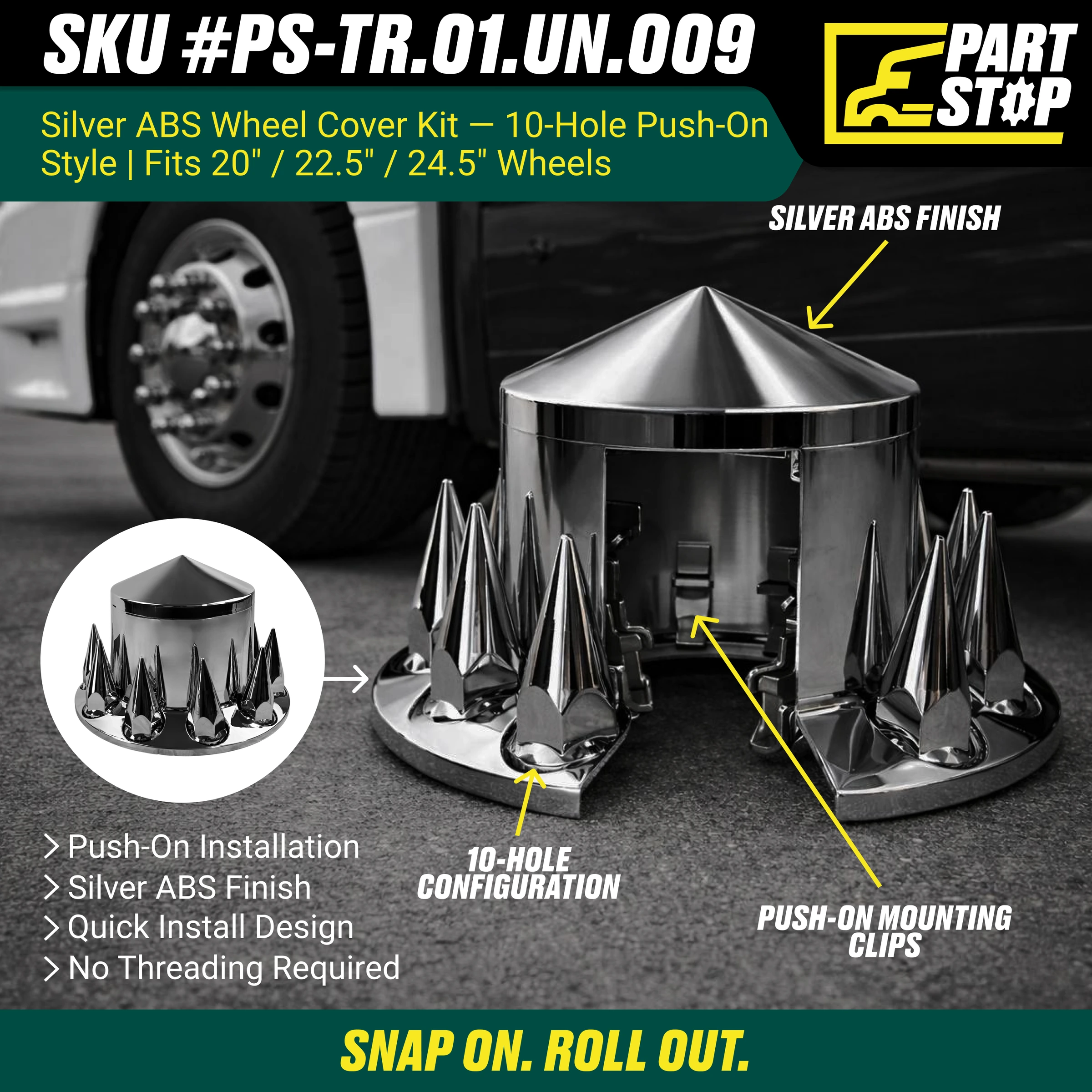 4 units Chrome Rear Wheel Axle Hub Cover   10 Hole Fits 20 22.5 24.5 Wheels — infographic
