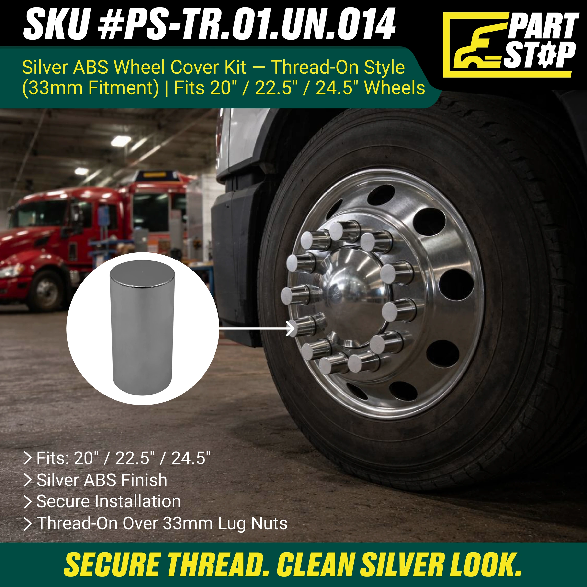 FLG008 Chrome Wheel Cover Kit 33mm Thread Fits Semi Truck — infographic