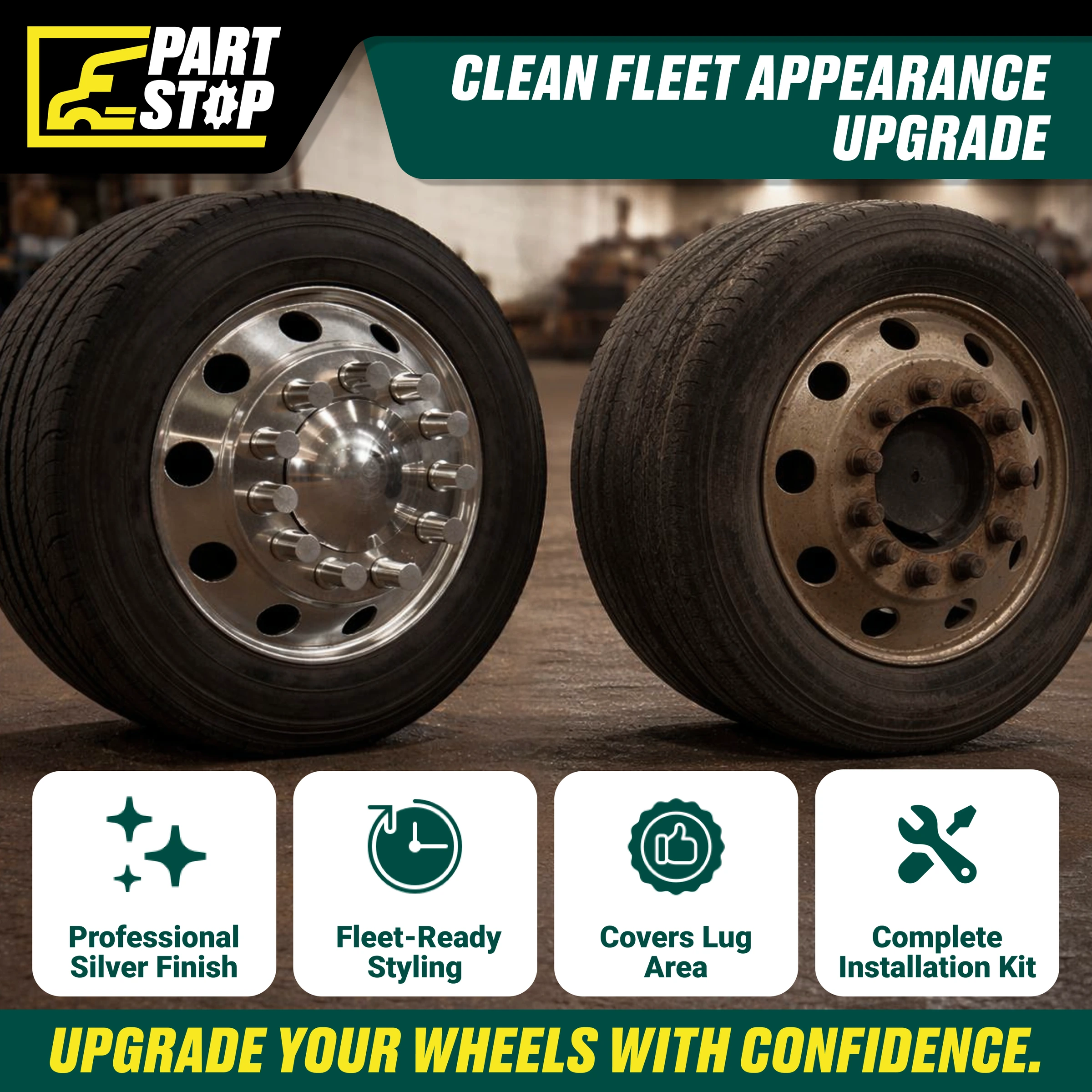 FLG008 Chrome Wheel Cover Kit 33mm Thread Fits Semi Truck — infographic