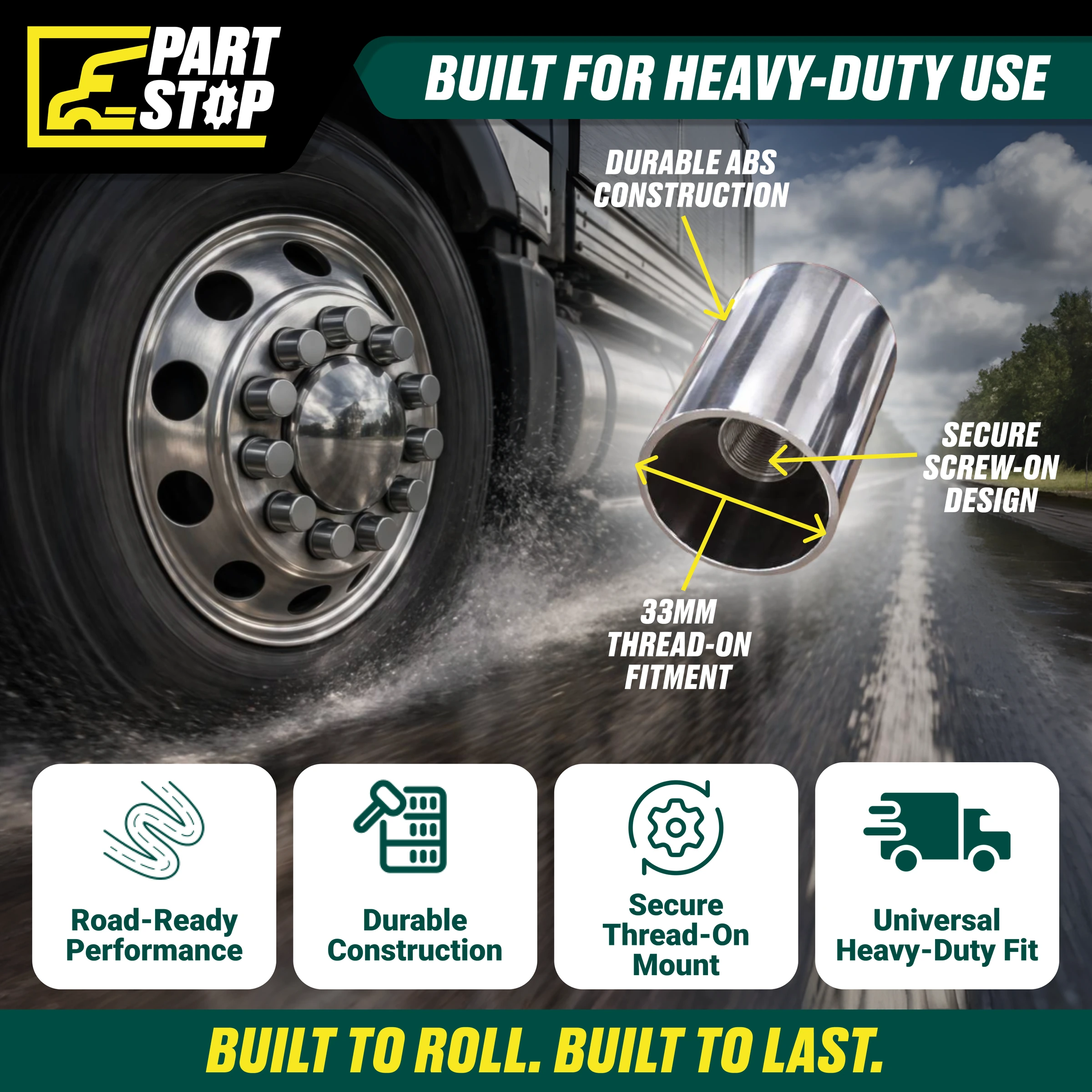 FLG008 Chrome Wheel Cover Kit 33mm Thread Fits Semi Truck — infographic