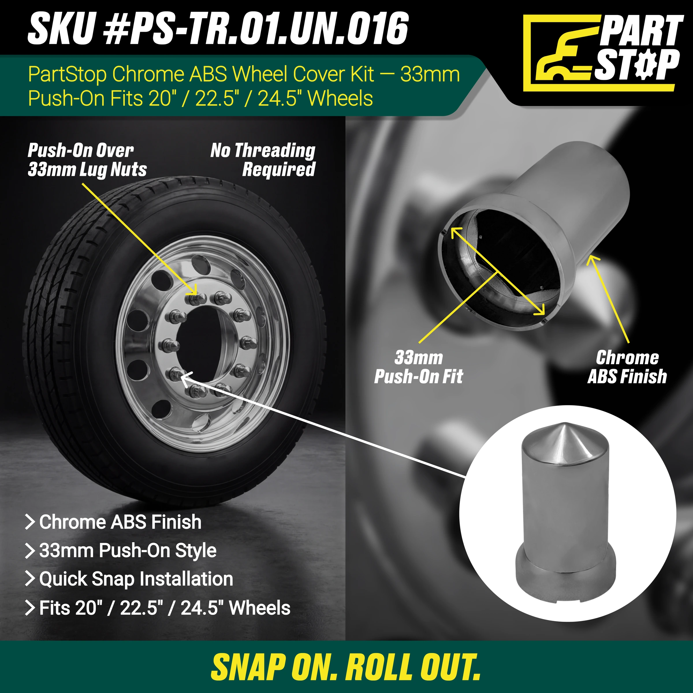 33mm Push On Hub Cap Wheel Cover Fits Freightliner Fits Peterbilt — infographic