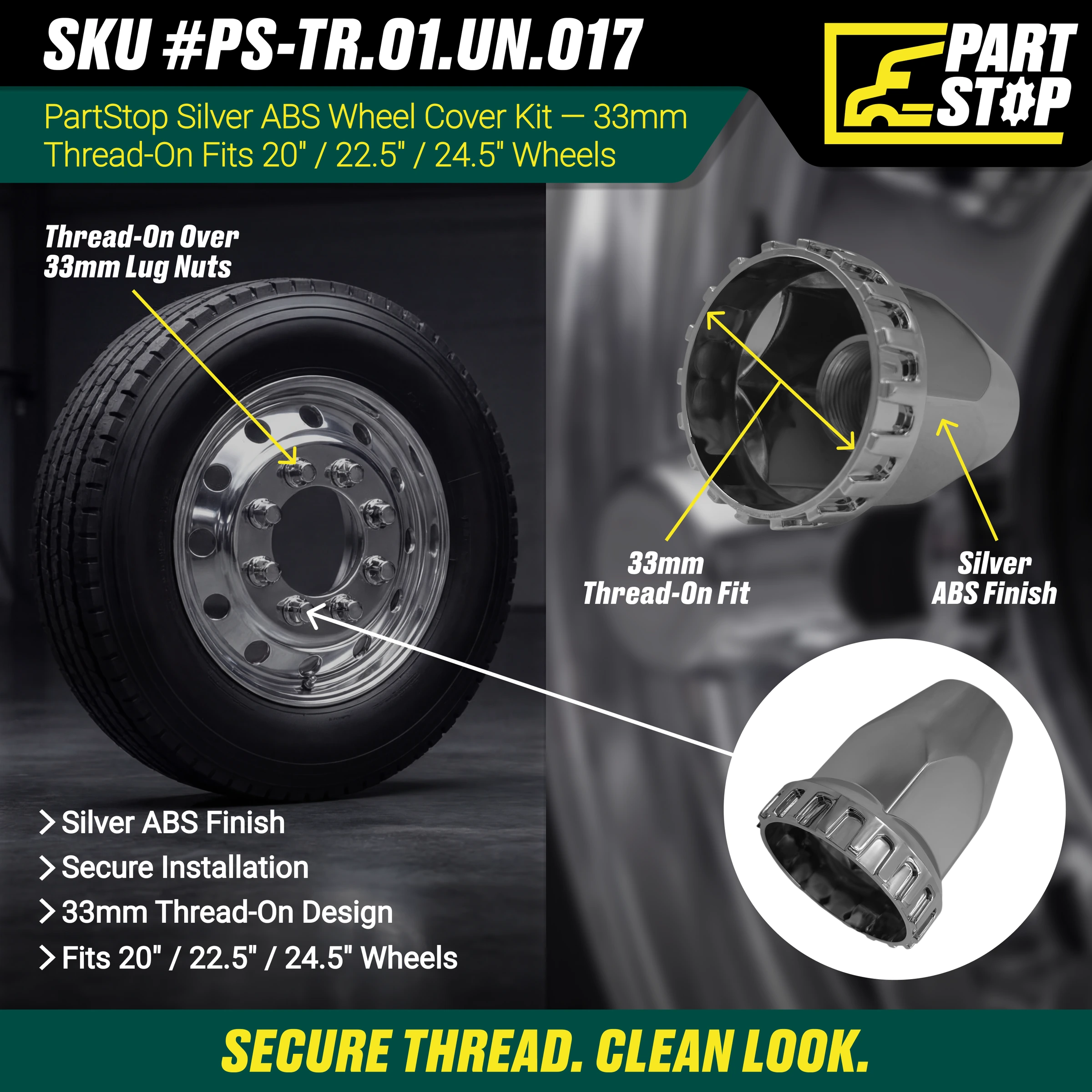FLG011 Wheel Cover Kit Thread On 33mm Fits Freightliner Fits Peterbilt Mack — infographic