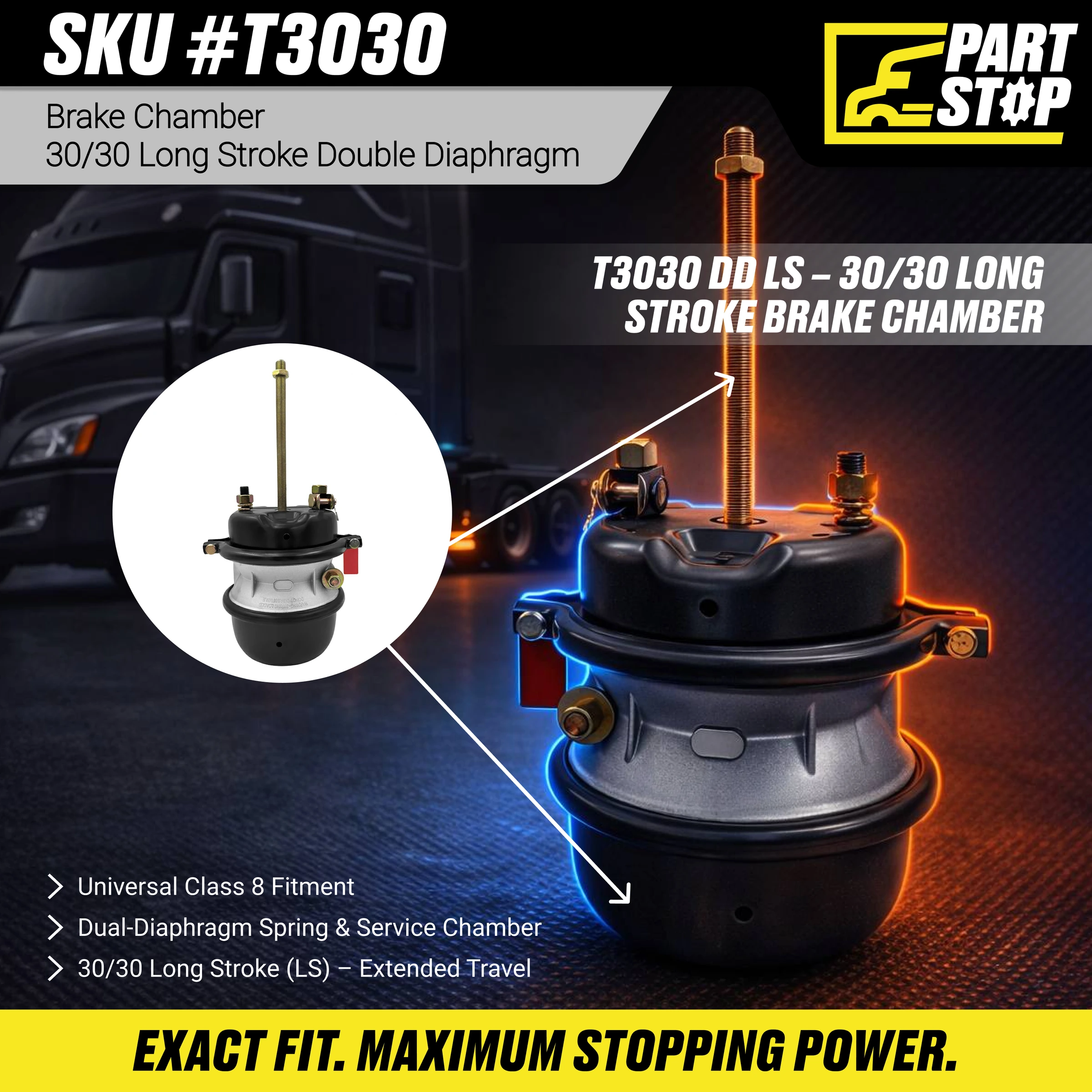 T3030DD Fits Bendix/Haldex Air Brake Chamber Fit Semi trucks and Trailers — infographic