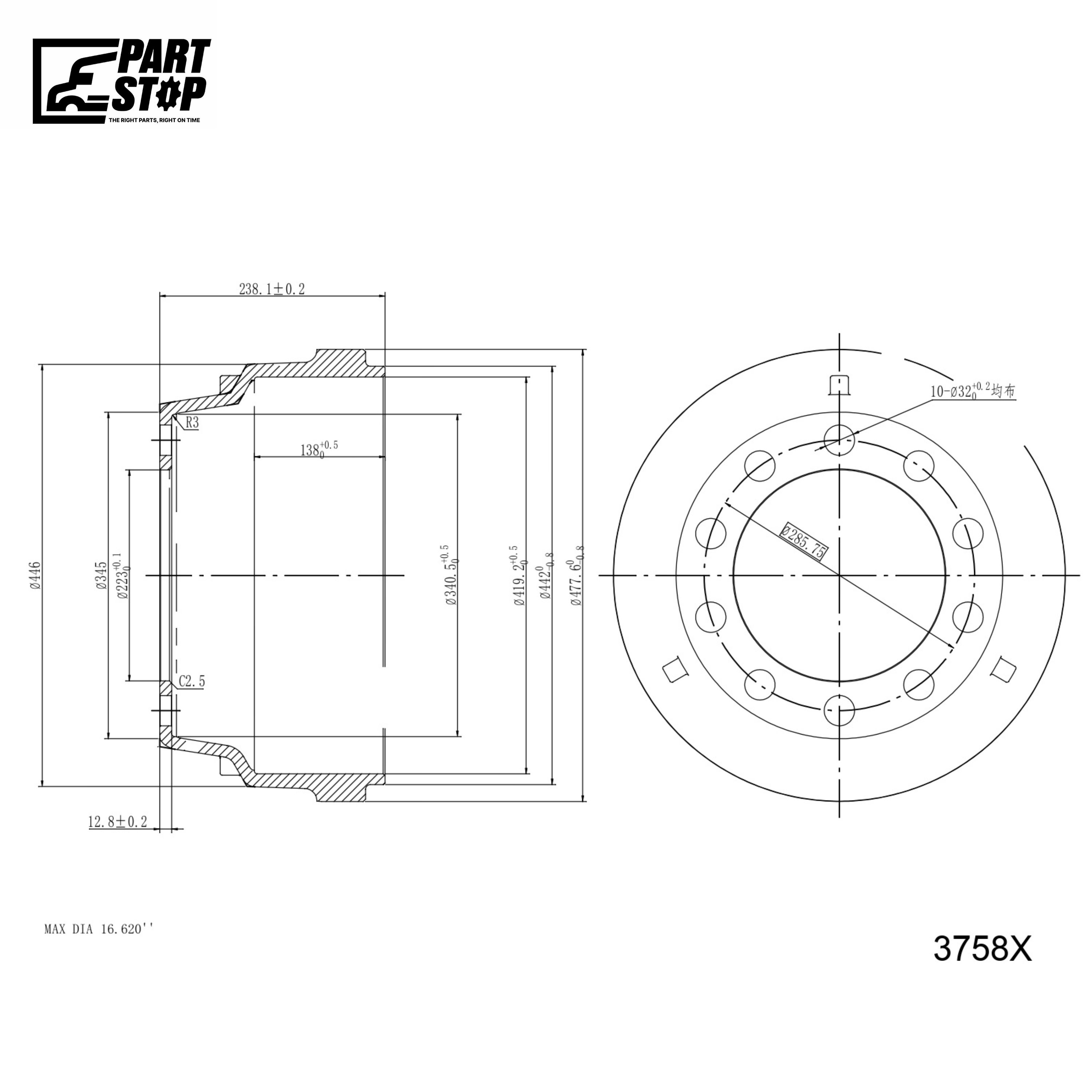Brake Drum 3758X – 16.5" x 5", Outboard Mount, 10 Hole – Heavy Duty Semi Truck / Trailer — photo 1